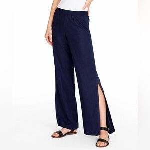 Johnny Was Los Angeles Ezra Solid Navy Linen Side Slit Palazzo Pants New XS